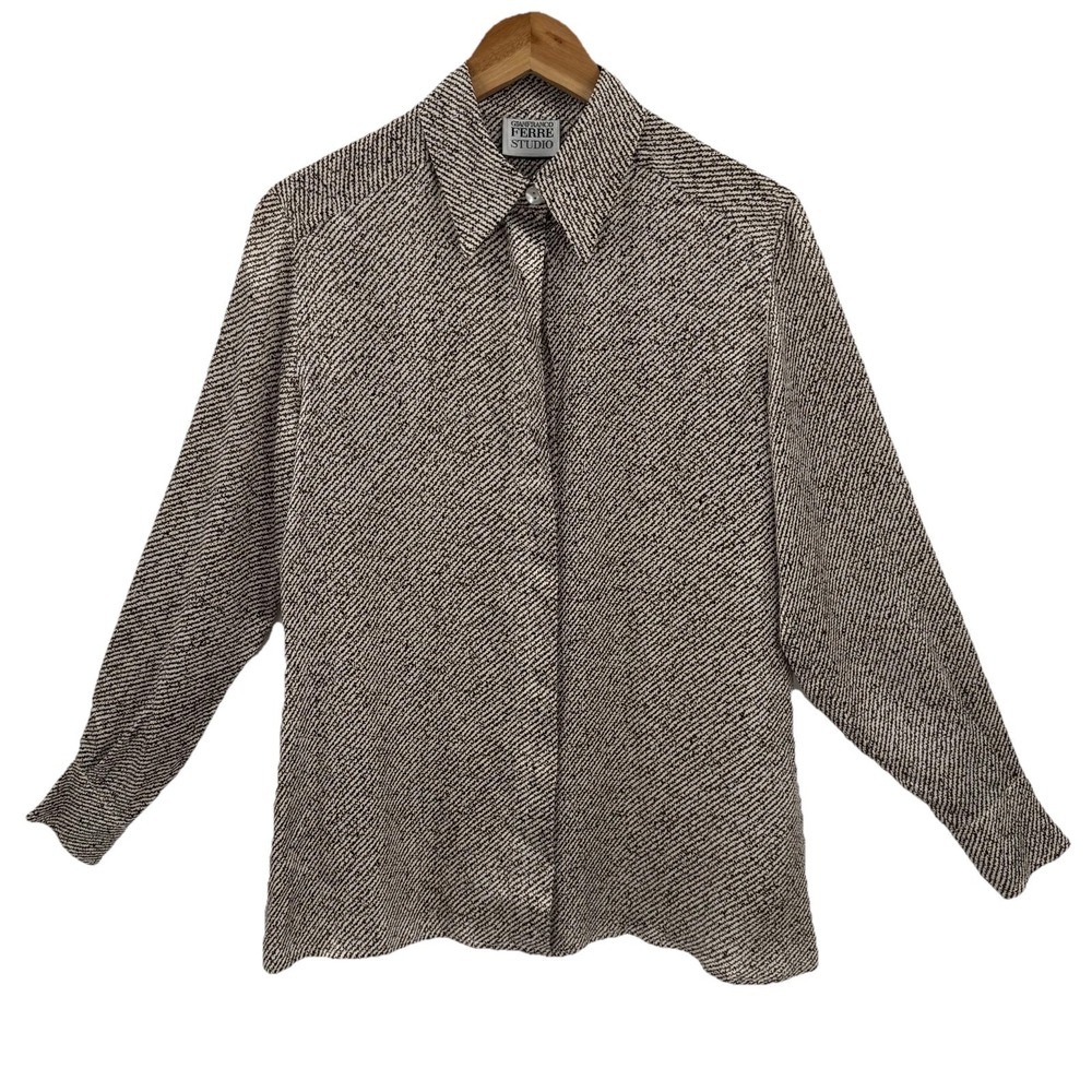 Gianfranco Ferre Studio Silk Blouse 44 US 8 Brown Cream Abstract Print Italy
